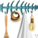 Comfify Fish Bones Wall Mounted Towel Rack  Stylish Cast Iron Hanger with 4 Hooks  Includes Screws and Anchors  Teal Blue (Large)