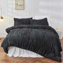 Bonlino Queen Comforter Set - Black Boho Shabby Chic Bedding for Bedroom - Fluffy 3 Piece Ruffle Comforter Set with Pillow