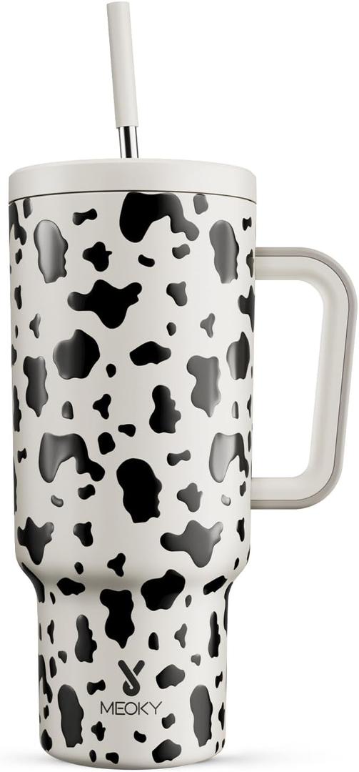Meoky 40 oz Tumbler with Handle and Straw, Tumbler with Lid and Straw, Insulated Stainless Steel Travel Mug, 100% Leak-proof, Keeps Cold for 34 Hours or Hot for 10 Hours (Cow)