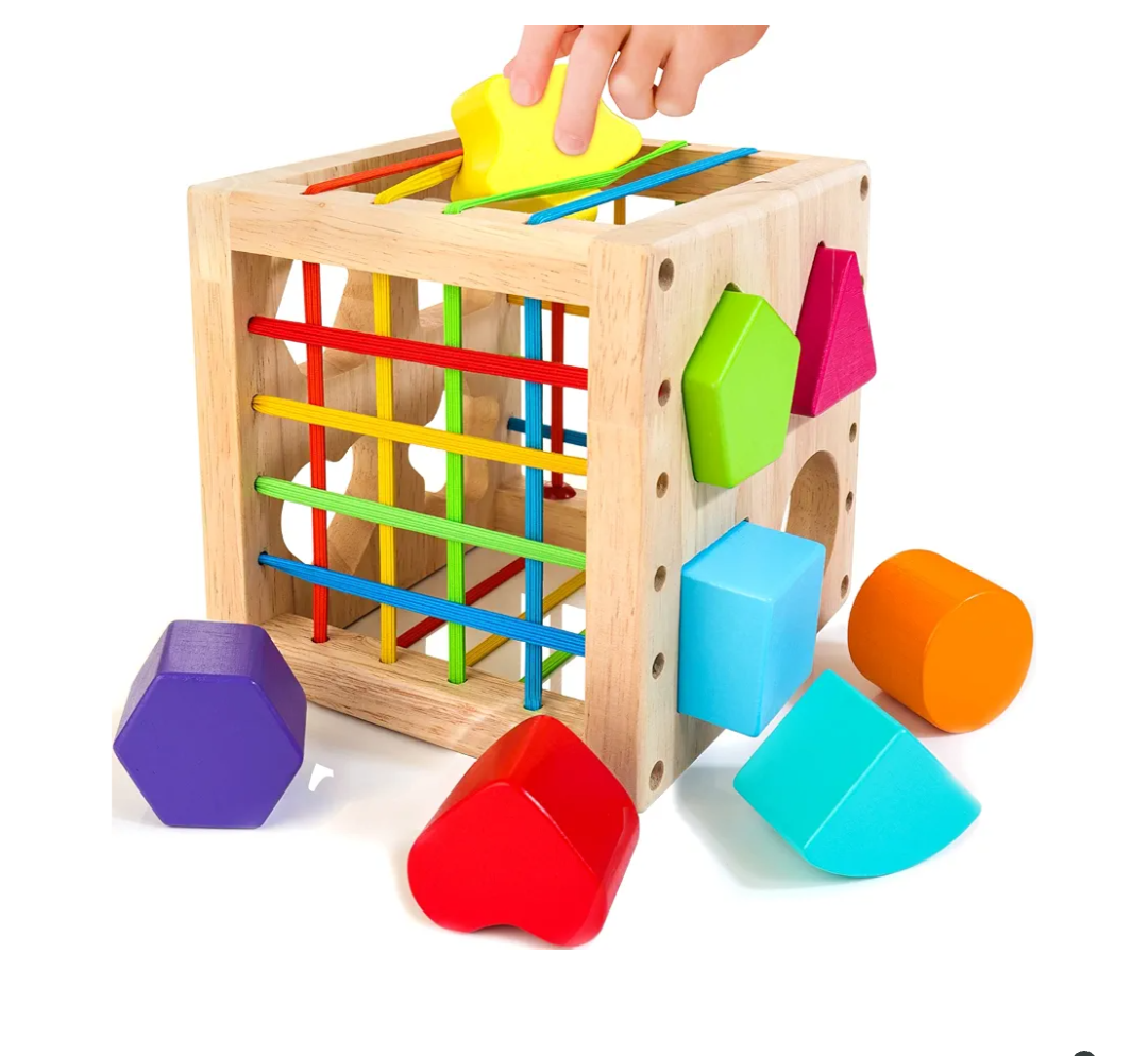 Montessori Toys for 1+ Year Old, Wooden Sorter Cube with 8pcs Rattling Shapes, Developmental Learning Toy Gifts for Baby Toddler Boys Girls, Gift Packaging
