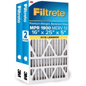 Filtrete 16x25x5 (SlimFit) AC Furnace Air Filter, MERV 13, MPR 1900, Premium Allergen, Bacteria & Virus, Electrostatic Air Cleaning Filter, 2-Pack (Actual Size 15.63x24.74x4.31 in)