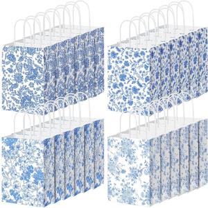Honoson 24 Pcs Blue White Floral Paper Gift Bags with Handle 8.3'' x 5.9'' x 3.15'' Valentines Chinoiserie Flower Bags China Element Paper Bag for Wedding Birthday Baby Shower Party Supply
