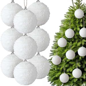 Hungdao 9 Pcs White Christmas Ornaments Velvet Ball Flocked Chenille Christmas Tree Ball Ornaments Decorative Xmas Hanging Decoration for Xmas Tree Decor, 2.36 Inch