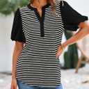 BTFBM Puff Sleeve Tops for Women Dressy Summer Vacation Outfits 2025 V Neck Casual Button Up Shirts Loose Striped Blouse (S)
