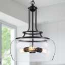 WUZUPS Chandelier Rustic Farmhouse Industrial Round Ceiling Pendant LED Light Fixture Clear Seeded Glass Shade for Dining Room Kitchen Island Foyer Entryway, H 20.9" x W 15.9", Black