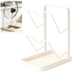Kitchen Pot Lid Storage Rack, Pot Lid Holder With U-Shaped Vertical Slots, Multifunctional Kitchen Pot Cover Organizer for Countertop, With Removable Drip Tray for Stove Top (White)
