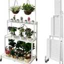 lumizone Foldable 4-Tier Plant Stand Indoor Outdoor Hanging Plant Shelf No Assembly Required Pot Placement Area With Wheels Sturdy Fall Prevention Storage Shelf Flower Pot Stand(4 Tier-White)