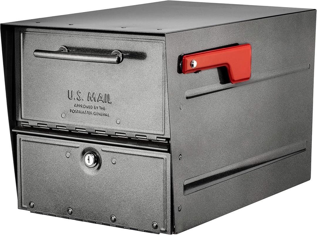 Architectural Mailboxes Oasis Eclipse Secure, Locking USPS Approved Heavy Duty, Anti-Fish Steel Metal Post Mounted Mail Box for Outside, Pewter, Large Curbside Mailbox with Magnetic Latch