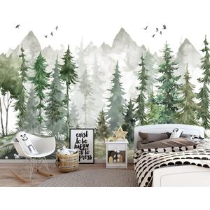 MFWFM Green Forest Wall Mural Watercolor Woodland Wallpaper for Nursery Room (Not Peel n' Stick)