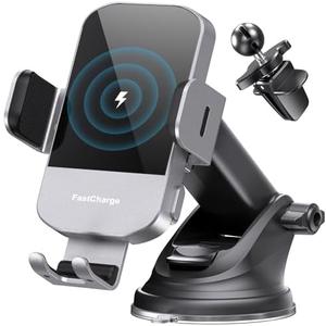 CHGeek Wireless Car Charger, 15W Fast Charging Auto Clamping Car Charger Phone Mount Phone Holder fit for iPhone 15 14 13 12 11 Pro Max Xs, Samsung Galaxy S25 Ultra S24 S23 S22, S21, S20, Silvery 