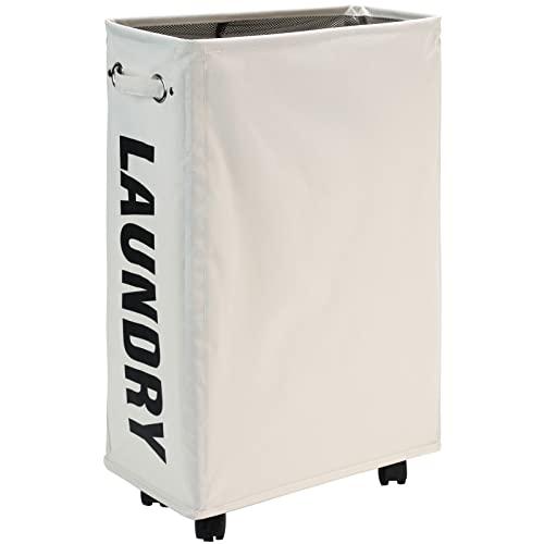 DOKEHOM 25-Inches Slim Laundry Basket on Wheels, Collapsible Rolling Laundry Hamper, Foldable Narrow Corner Clothes Storage Bins (Beige)