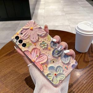 LeLeYun Case for Samsung Galaxy S22, Retro Oil Painting Printed Flower Cute Pattern with Glitter Gem Phone Cover Durable TPU Shockproof Protective Case for Girls Women - Colorful Flower