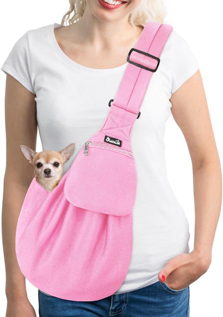 Lukovee Pet Sling, Hand Free Dog Sling Carrier Adjustable Padded Strap Tote Bag, Shoulder Bag with Safety Belt & Front Pocket for Small Dog Cat Puppy (Pink-WY,S) (B3- Pink (Knitted Fabric))