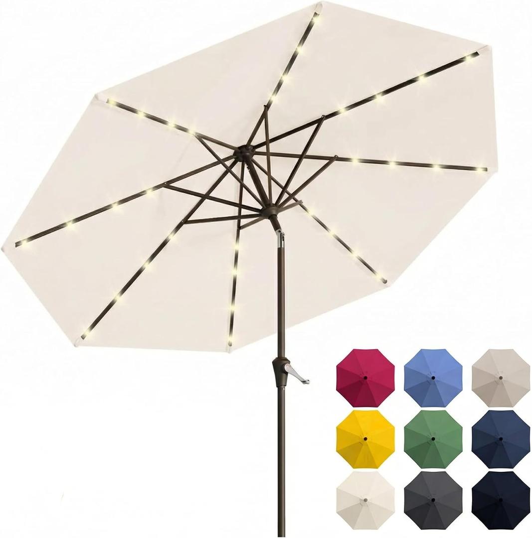 10FT Solar Patio Umbrella with Lights, Outdoor Table Market Umbrella with 32 LED Lights, 8 Sturdy Ribs, Push Button Tilt and Crank for Pool, Deck and Garden, UV-Resistant