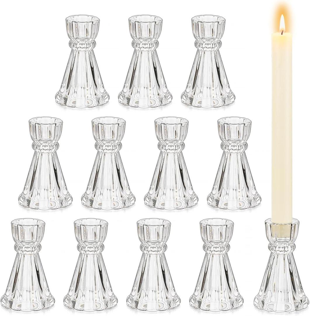 Glass Candle Holder Candlestick Holders: Hewory 12 Pcs Clear Taper Candle Holders for Candlesticks, Crystal Ribbed Candle Stick Holder for Wedding Table Centerpiece Kitchen Home Decor
