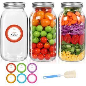 Mcupper 2 Pack Wide Mouth Mason Jars 64 oz, Half Gallon Mason Jars, Large Canning Jars with Lids and Bands for Canning & Storing, Labels & Brusher Included
