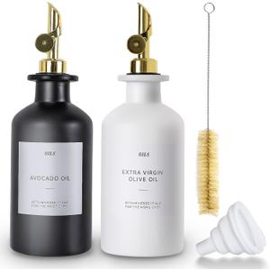 Oil and Vinegar Dispenser Set,350ml/11.8oz Glass Dispenser Bottles with Leakproof Stainless Steel Spouts, Olive Oil&Vinegar Cruet with Funnel, Brush and Waterproof Labels for Kitchen