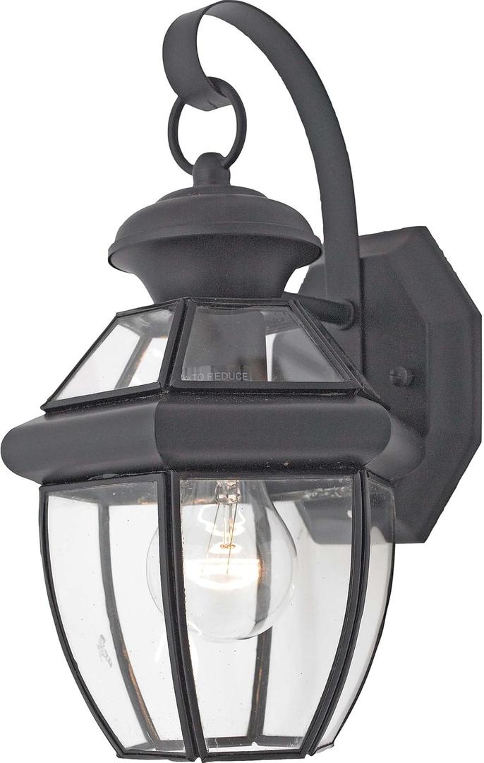 Quoizel Newbury Outdoor Wall Lantern, 12 Inch 1-Light Mystic Black Wall Sconce, French Country Exterior Wall Lantern Fixture, E26 Base, Clear Glass, Outside Lights for Patio, Porch, Garage or Yard