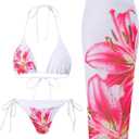 ZAFUL Womens 3pcs Swimsuit Floral Halter Triangle Bikini Top Tie Side Bottom with Long Sheer Cover Up Skirt (Small, 0-white Pink)