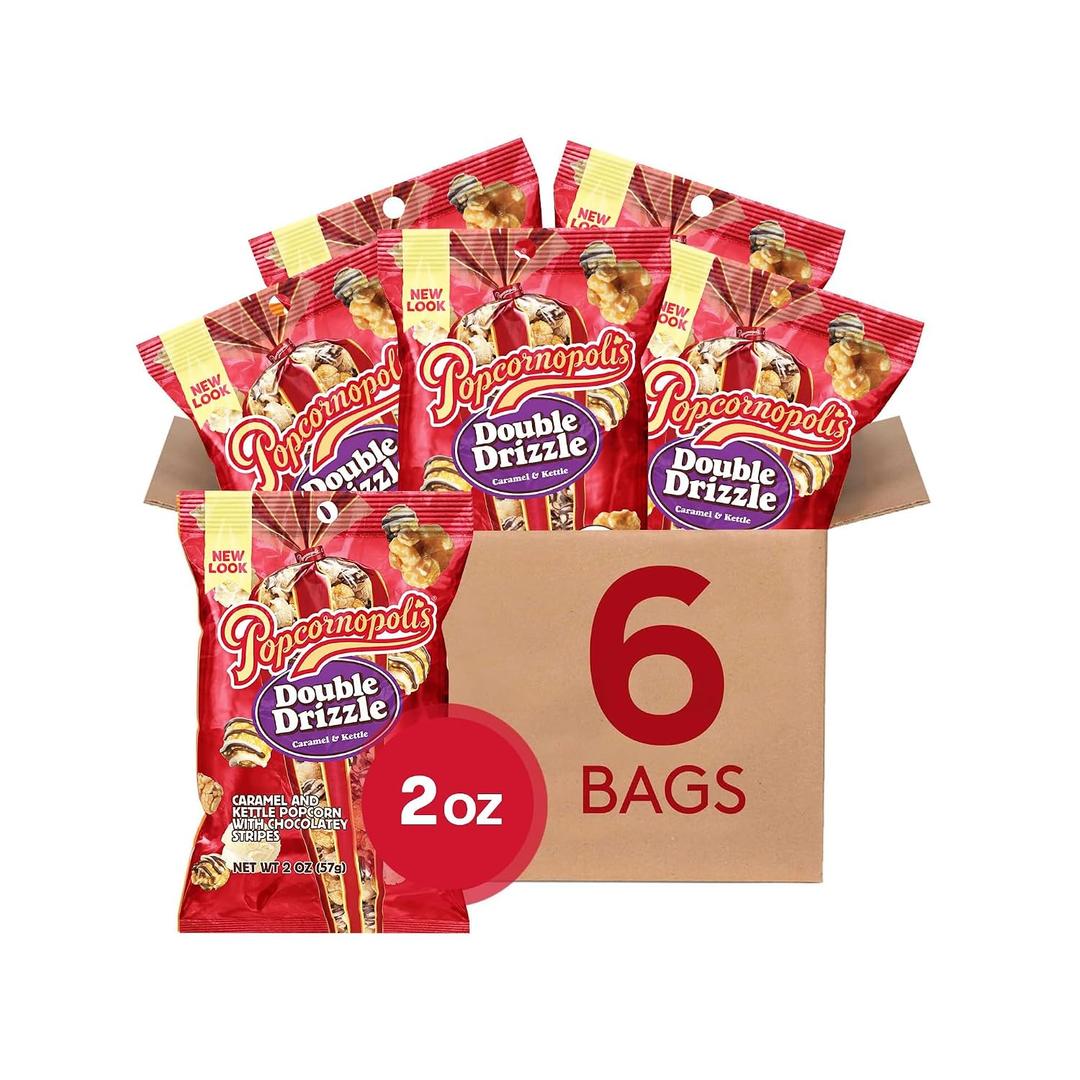 Popcornopolis Gourmet Popcorn, Double Drizzle, Sweet & Salty Chocolate Popcorn, 6-Pack Bulk & Single Serve, Non-GMO, Gluten-Free (EXP 09/14/26)