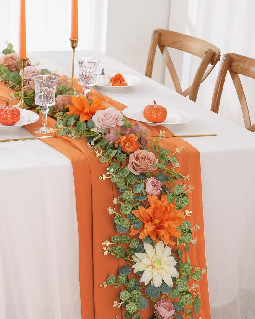 Waipfaru 6Ft Fall Garland Decor, 6Ft Eucalyptus Flower Garland for Table, Fall Floral Vines with Terracotta Flowers for Wedding Arch Backdrop Wall Thanksgiving Decorations (Terracotta) (1 Pack)
