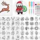 Maitys 65 Pcs Christmas Foam Texture Painting Kit 3 x 3'' Pre-Designed Magic Foam with Colors Marker Water Brushes DIY 3D Craft Drawing Set for Christmas Party Gifts Holiday Activities