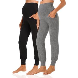 V VOCNI Women's Maternity Pants Maternity Activewear Jogger Track Cuff Sweatpants Over The Belly Stretchy Pregnancy Pants (Black/Dark Heather Gray, Small)