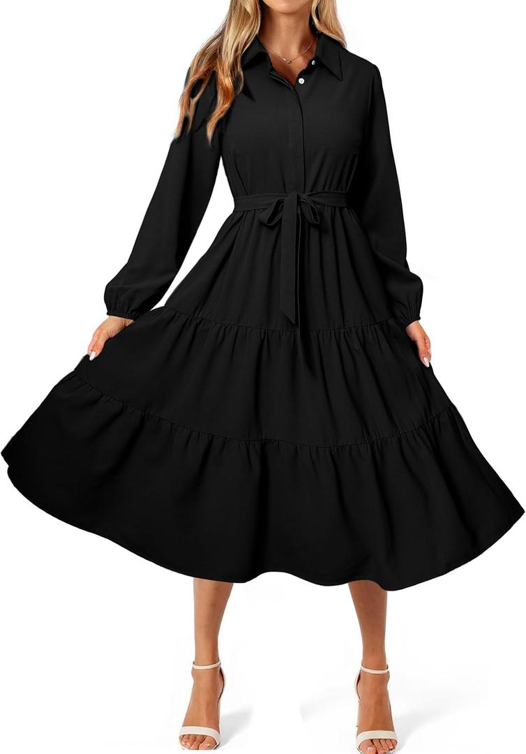 BerryGo Womens Long Sleeve Dresses 2026 Maxi Casual V Neck Belted Button Down Wedding Guest Shirt Dress with Pockets (Small, Black)