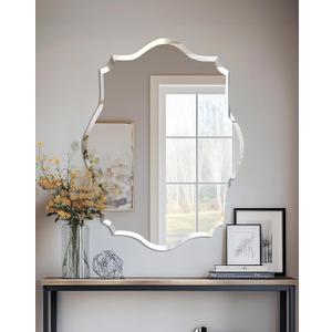 Frameless Scalloped Wall Mirror: Decorative Scallop Oval Mirrored Glass Vanity with Beveled Silver Edge for Bathroom Bedroom Livingroom Dining Room Entryway Hallway, 28 x 20 inch