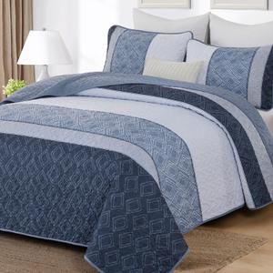 Quilt Set Queen Size 3 Pieces,Striped Plaid Bedspread Coverlet Set,Mineral Blue Boho Summer Bedding Set Soft Microfiber Bedding Set with 2 Pillow Shams 96"x90"