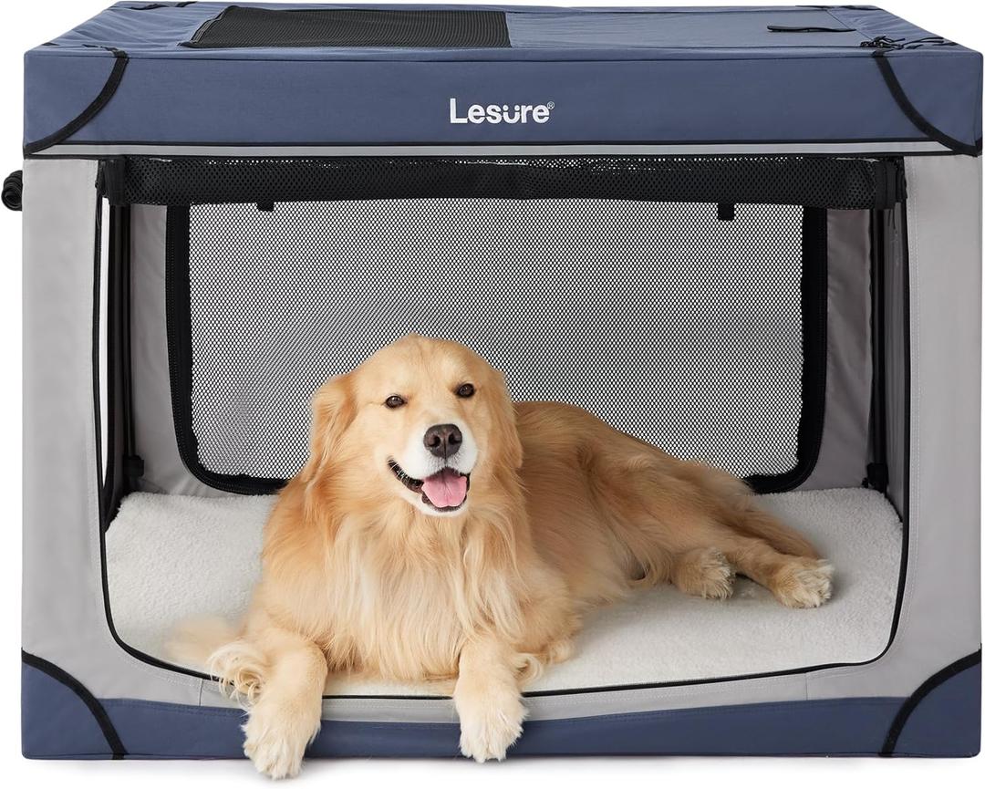 Lesure Shown on TODAY Show Soft Collapsible Dog Crate - 42 Inch Portable Travel Crate for Extra Large Dogs Indoor & Outdoor, 4-Door Foldable Pet Kennel with Mesh Windows, Blue