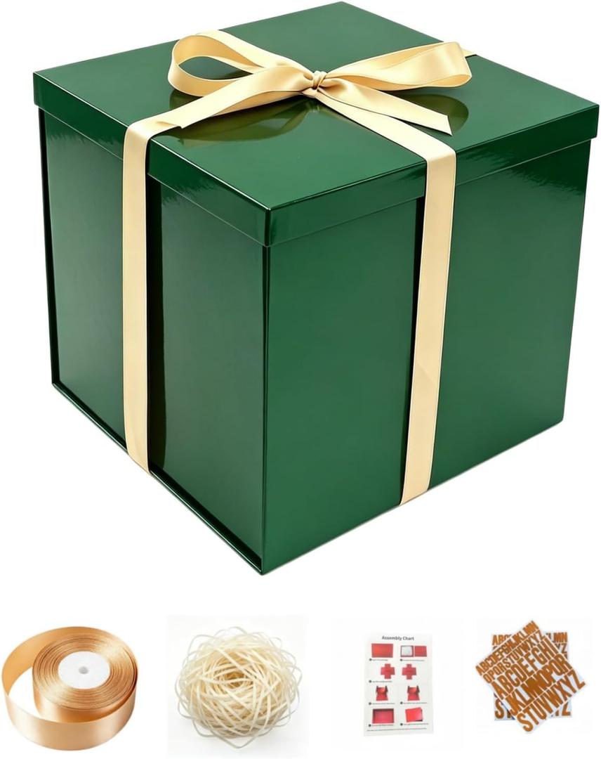 PACKGILO Large Green Gift Box with Lid 12x12x10 Inches Green Box, 1 Count