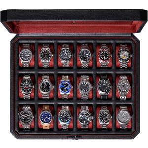 ROTHWELL 18-Slot Watch Case Luxury Watch Box for Men, Real Glass Top, Lockable, Elegant Display for Collections (Black/Red)