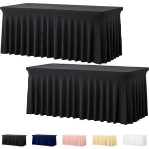 Deep Dream 2 Pack Black 8ft Spandex Tablecloth, Fitted Stretch Table Cover for 8 Foot Rectangle Tables 30x96 Inch, Wrinkle Free 8FT Tablecloth Table Skirt for Party, Banquet, Wedding and Events