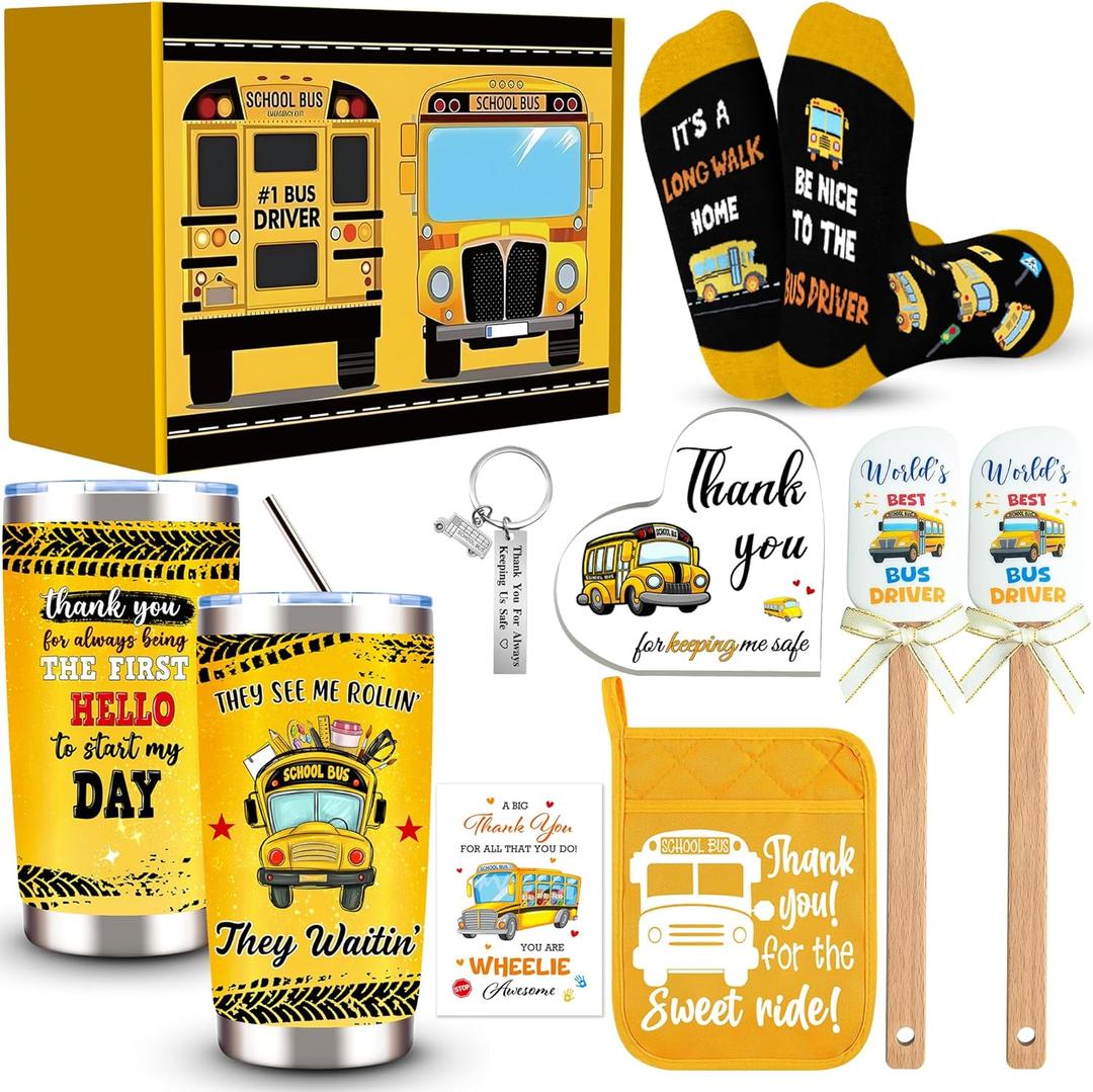 9 Pcs School Bus Driver Appreciation Gifts for Men Women, Back to School Gift with 20 Oz Tumbler Socks Bus Driver Pot Holder 2 Silicone Spatula Acrylic Heart Decor, Thank You Gifts for Bus Driver