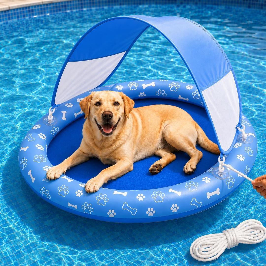 Dog Pool Float with Canopy, 57" x 39" Inflatable Dog Water Raft with Removable Sun Shade, Heavy Duty Tear-Resistant Pet Pool Float Lounger for Small Medium Large Dogs, Lake & Pool Accessories