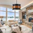 5 Light Black Chandelier 19.68" Drum Farmhouse Chandelier for Dining Room, 19.68 in diameter, 22-95.86 in height