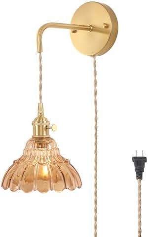 Vintage Wall Sconce with Amber Lily of The Valley Glass Shade Hanging Wall Sconce with 4.9FT Plug in Cord, Modern Wall Lamp Fixtures Decor for Bedside Bedroom Indoor Doorway
