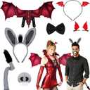 8 Pcs Halloween Dragon Donkey Costume Adult Couple Costume Set Devil Wings Donkey Ears Tail Nose Headband Hairpin and Bow Ties for Halloween Cosplay Party