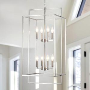 High Ceiling Chandeliers for Foyer Brushed Nickel Chandelier for Entryway Modern Farmhouse 15.74’’ in Metal 8 Light Lantern Tiered Pendant Light for Dining Room Kitchen Island Hallway Stairway 