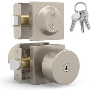 Mega Handles SUANA Entrance Combo, Door Knob and Cylinder Deadbolt and Key Combo, Heavy Duty Locking Door Knobs for Left or Right-Handed Doors  Satin Nickel (1 Pack)