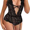 424 Women's Crotchless Lingerie Set Outfits Lace Bodysuit with Garter Belt Stockings Naughty Tedddy One Size fits most