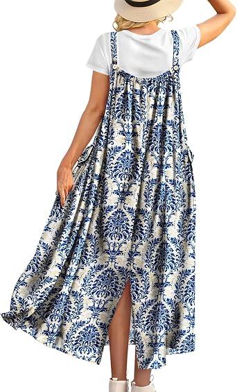 YESNO Casual Maxi Overalls Dress for Women 2026 Fall Boho Floral Outfits Back Slit Jumper Dresses with Adjustable Straps XL EP6 CR425B