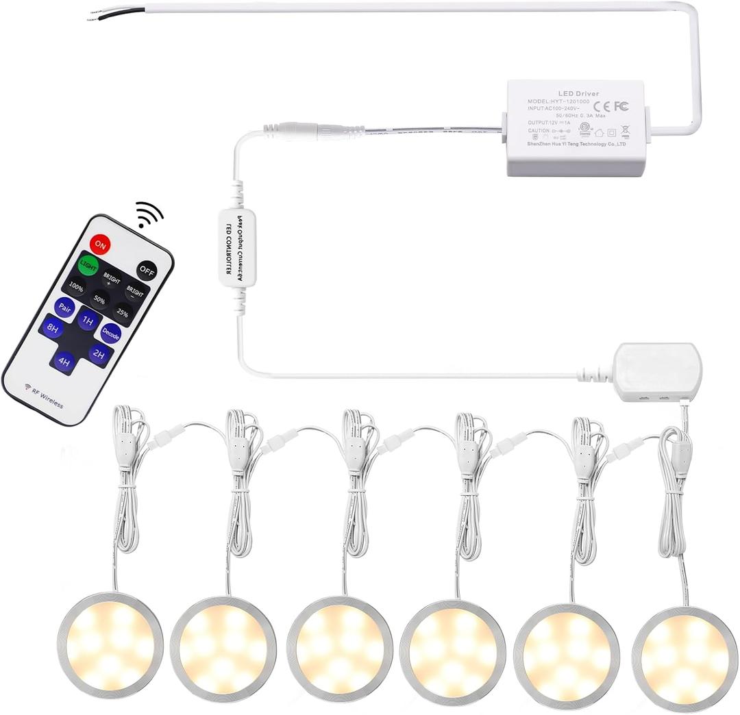 AIBOO Linkable Under Cabinet LED Lighting Direct Wired 12V Slim Aluminum Dimmable Puck Lights with RF Remote Control for Kitchen Cabinets Counter, Closet Lights(6 Kit, Warm White, NO Wall Plug)