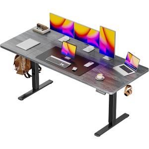 Huuger 63 x 28 Large Electric Standing Desk, Height Adjustable Computer Desk, 27.6" Deep Desktop, Stand up Gaming Office Table with 2 Hooks, 3 Preset Heights, for Home Office, Grey