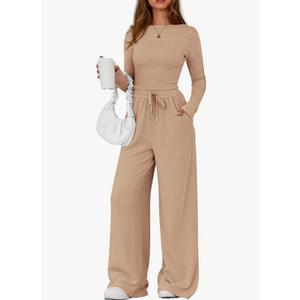 PRETTYGARDEN Matching Sets Women Clothing 2026 Fall Fashion Travel 2 Piece Lounge Sets Long Sleeve Crop Top Wide Leg Pants, Size M