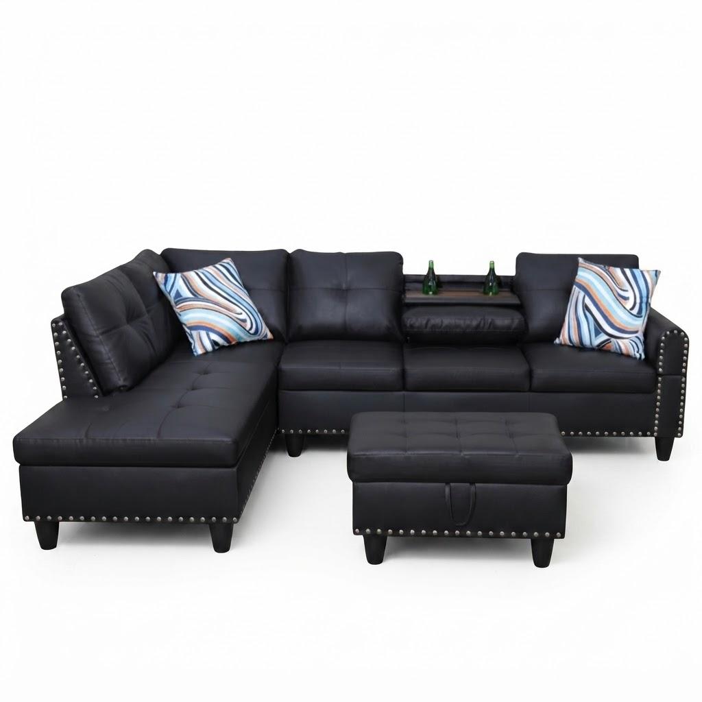3-Piece L-Shaped Modular Leather Sofa  Convertible Sectional Couch with Movable Chaise & Storage Ottoman, Multi-Scene Use for Living Room, Apartment & Office, Black