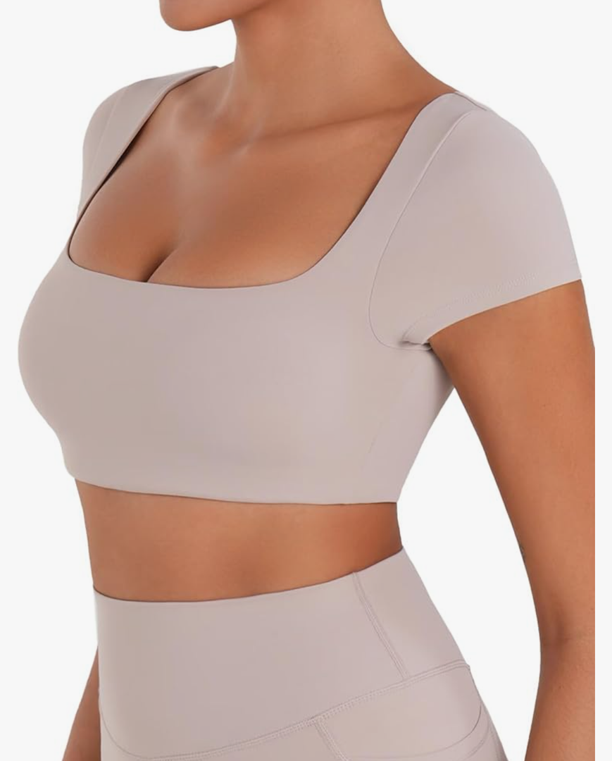 Sunzel Womens Short Sleeve Crop Top with Built in Bra Athletic Yoga T Shirt Casual Fitted Workout Gym Active Tee with Padding, Medium