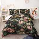 Boho Floral Comforter Set Queen Black Floral Bedding Sets 3PCS for Kids Teen Adult Flowers Leaves Room Decor Ultra-Soft Lightweight Microfiber 1 Comforter with 2 Pillowcases