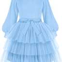 Arshiner Toddler Dress Little Girls Tutu Fall Winter Puff Long Sleeve Princess Party Tulle Dresses (Blue)